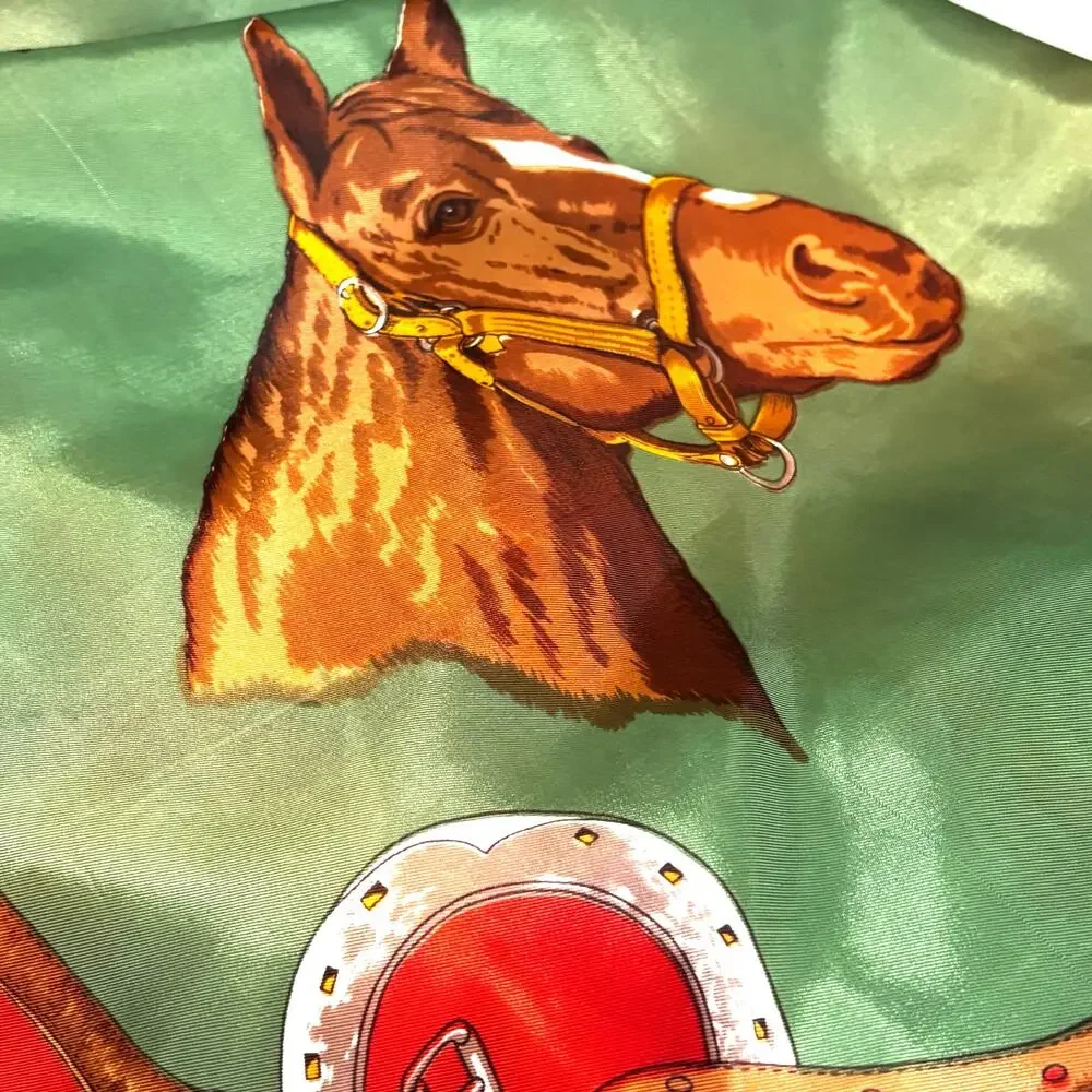 Vintage silky acetate scarf horses equestrian large square faded red green brown